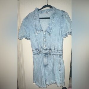 WeWoreWhat denim Romper with Peter Pan collar.